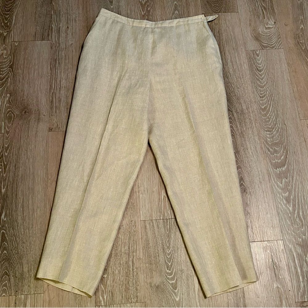 VTG Talbots Pure Irish Linen Pants Relaxed Belted  Lined Split Hem Beige Tan 14